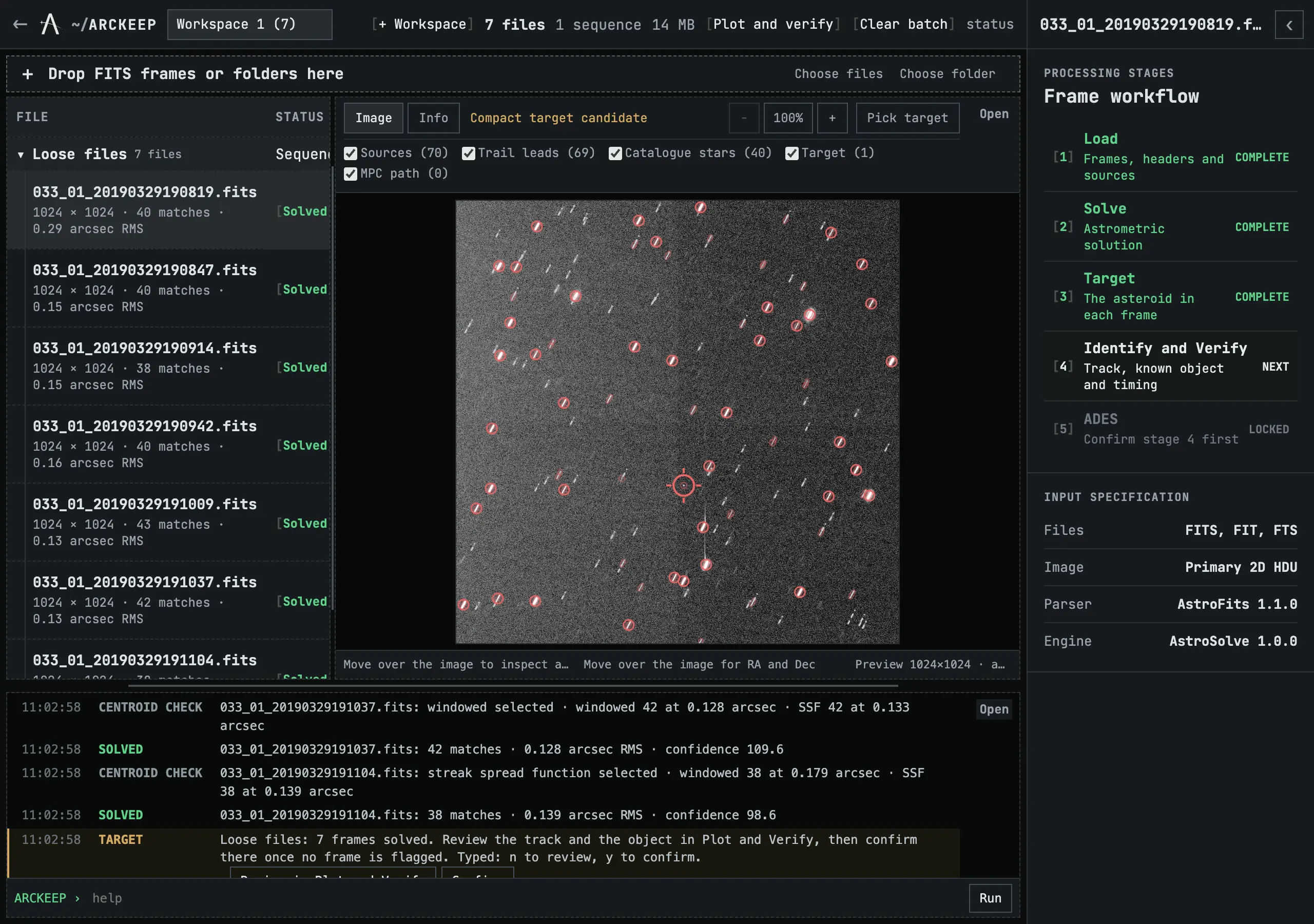Seven solved frames in the file list, the first frame shown with its sources circled, and the terminal reporting each solve.