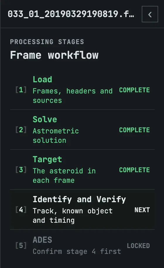 The Frame workflow panel: Load, Solve and Target complete, Identify and Verify next, ADES locked.