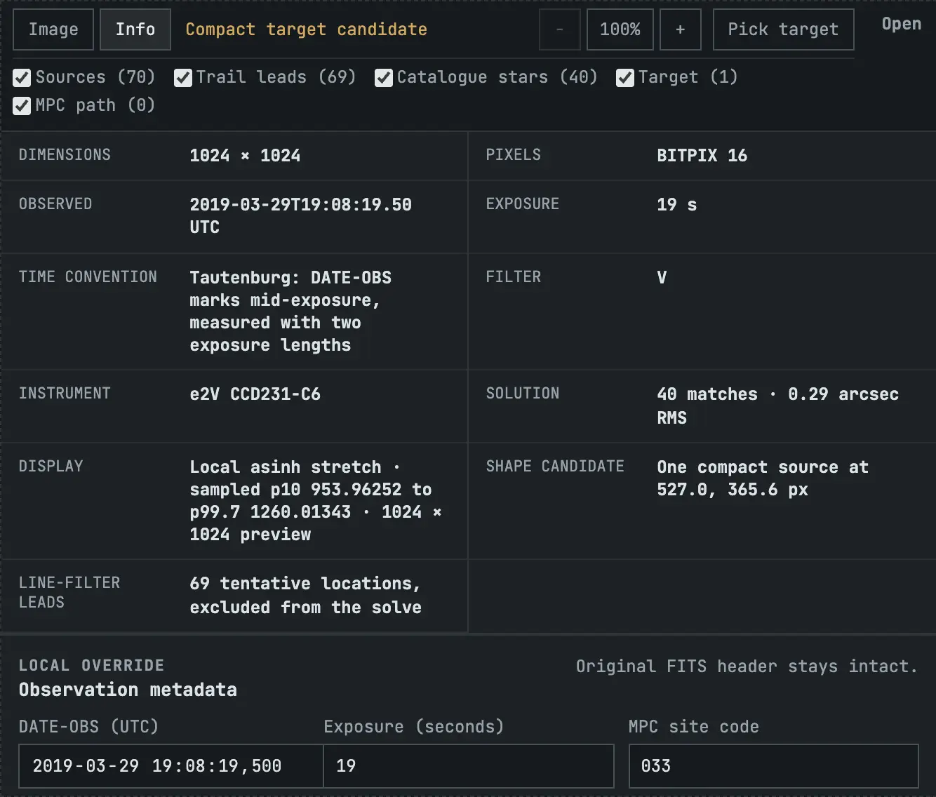 The Info view with frame properties and the observation metadata editor.