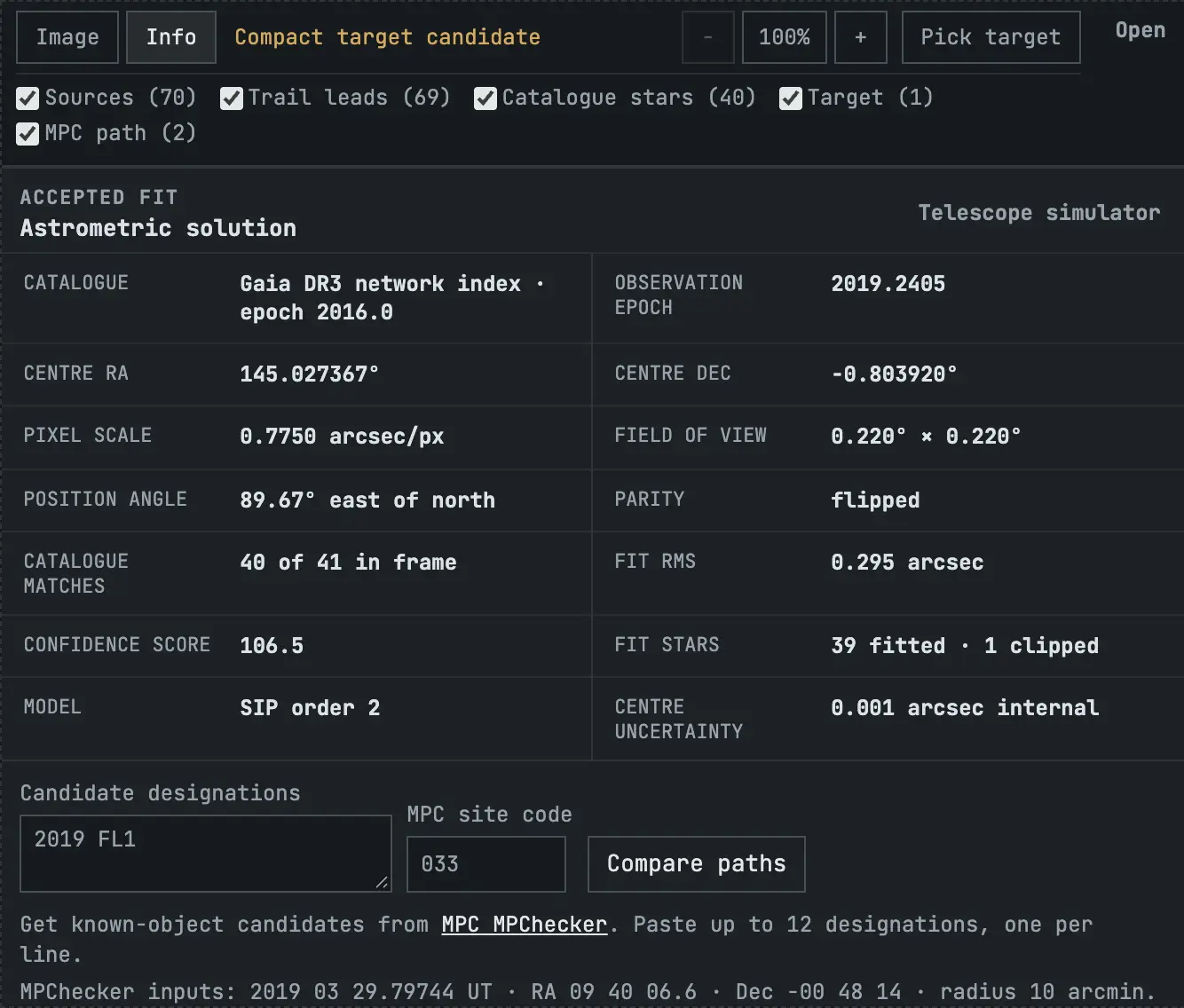 The accepted fit table and the Compare paths form with 2019 FL1 entered and the result: 1 of 1 paths cross this frame.