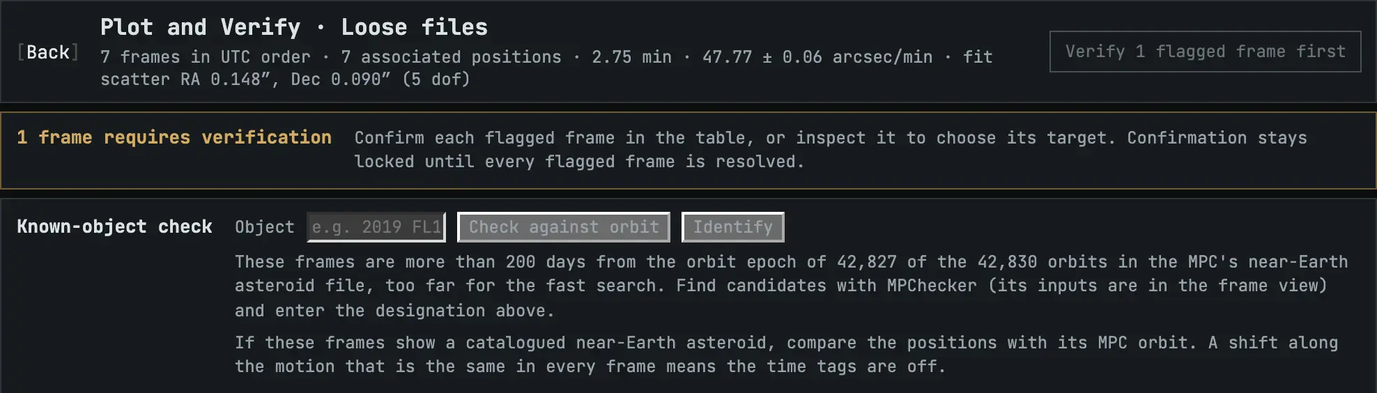 The top of Plot and Verify: track summary, a warning that one frame requires verification, and the known-object check.