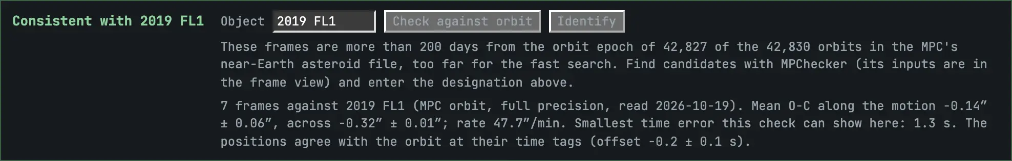 The known-object check reading Consistent with 2019 FL1, with mean O-C along and across the motion and a time offset of -0.2 plus or minus 0.1 seconds.