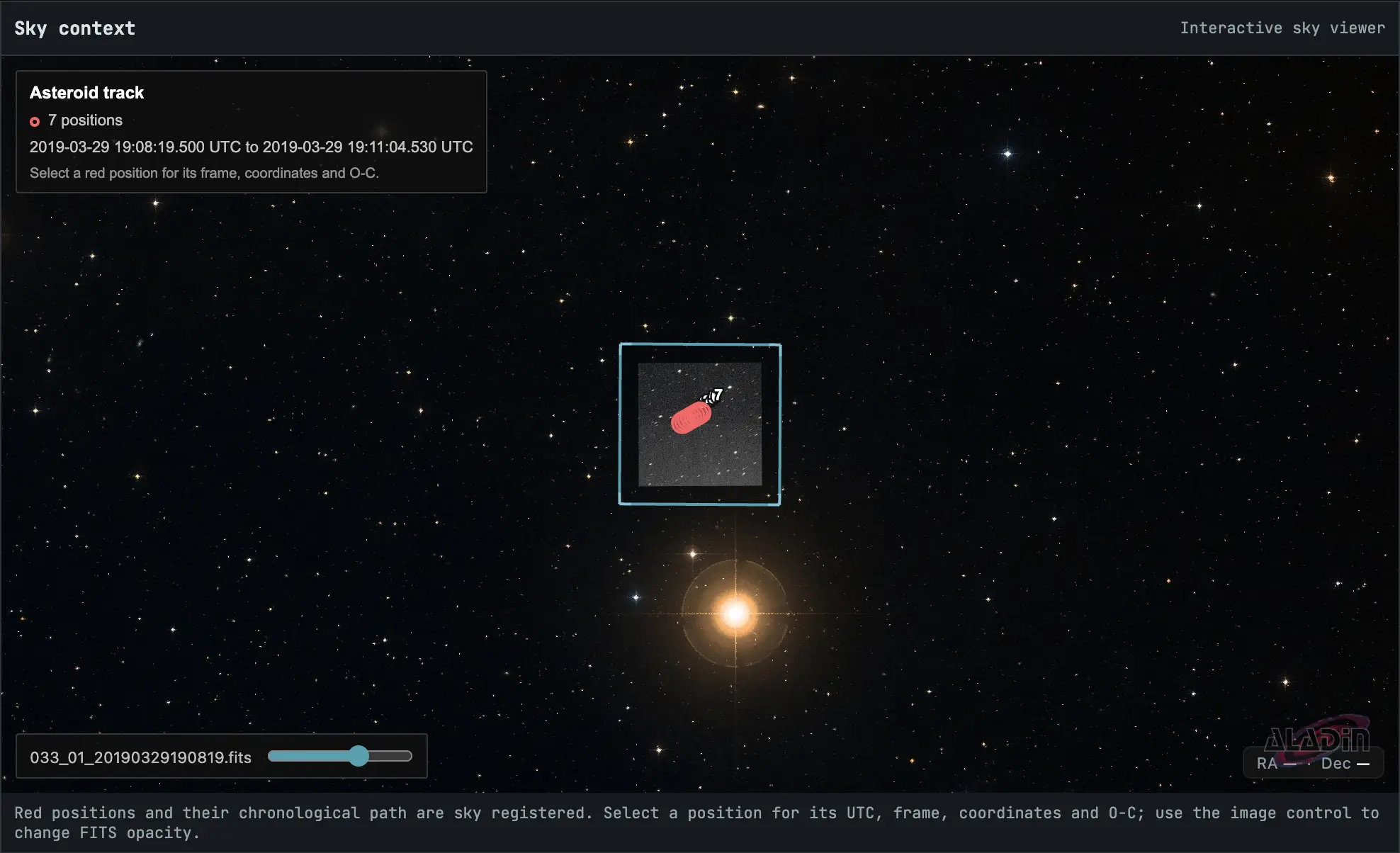 An interactive sky map with the frame outlined and the seven red track positions on it.