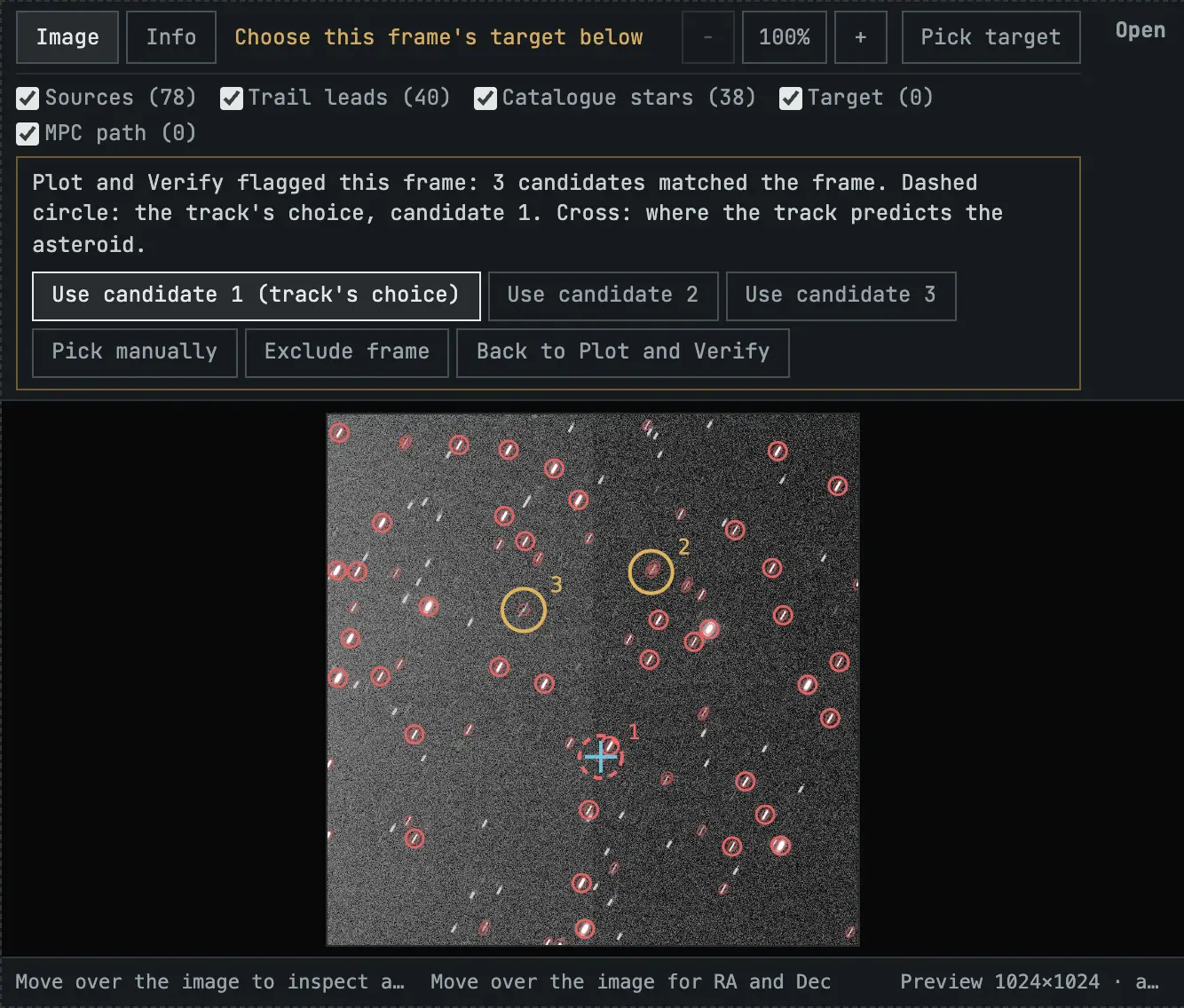 A flagged frame with candidates 1 to 3 circled, the track prediction marked with a cross, and buttons to use each candidate, pick manually, exclude the frame or go back.