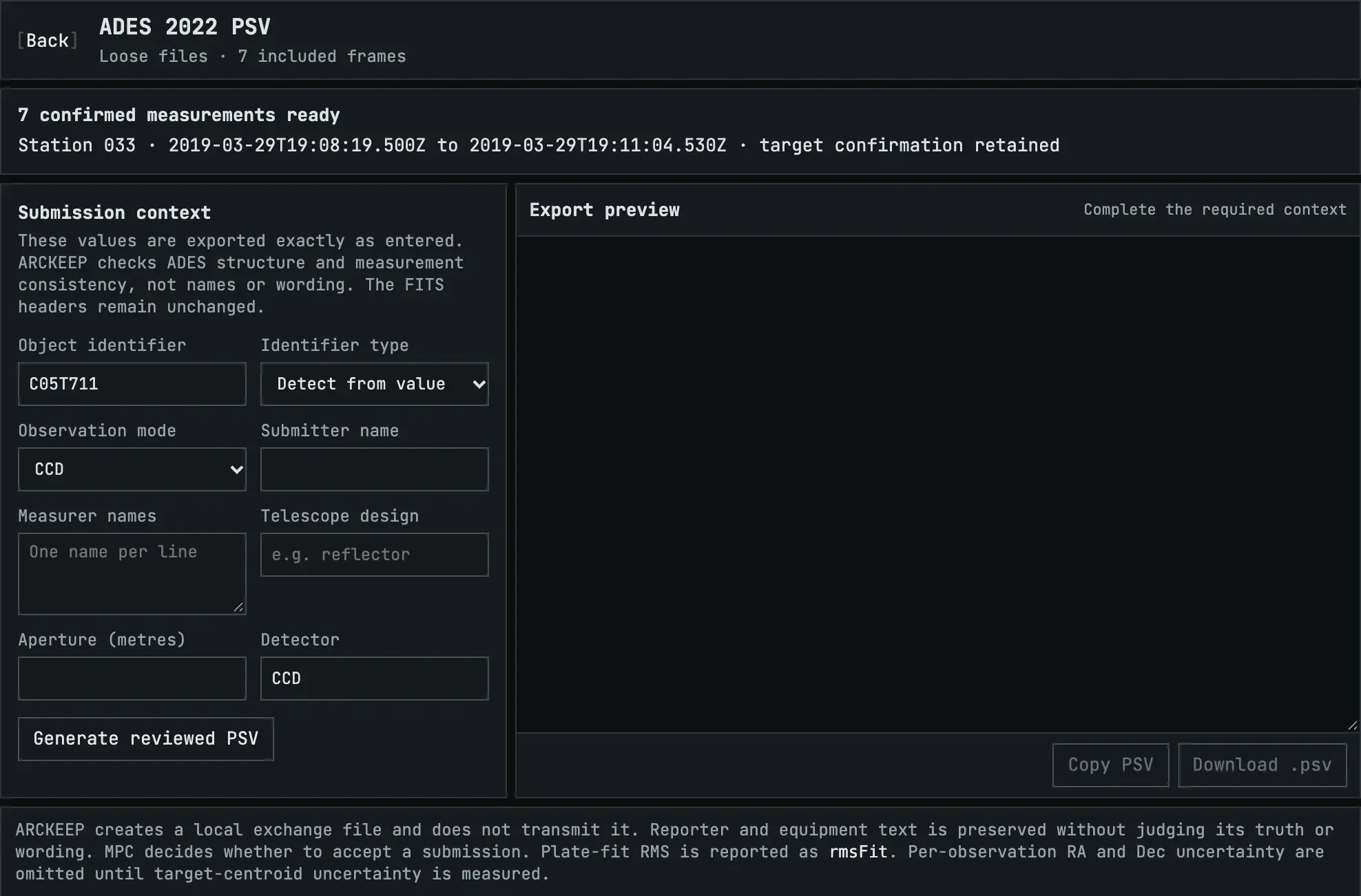 The ADES 2022 PSV page: seven confirmed measurements ready, the submission context form and an empty export preview.