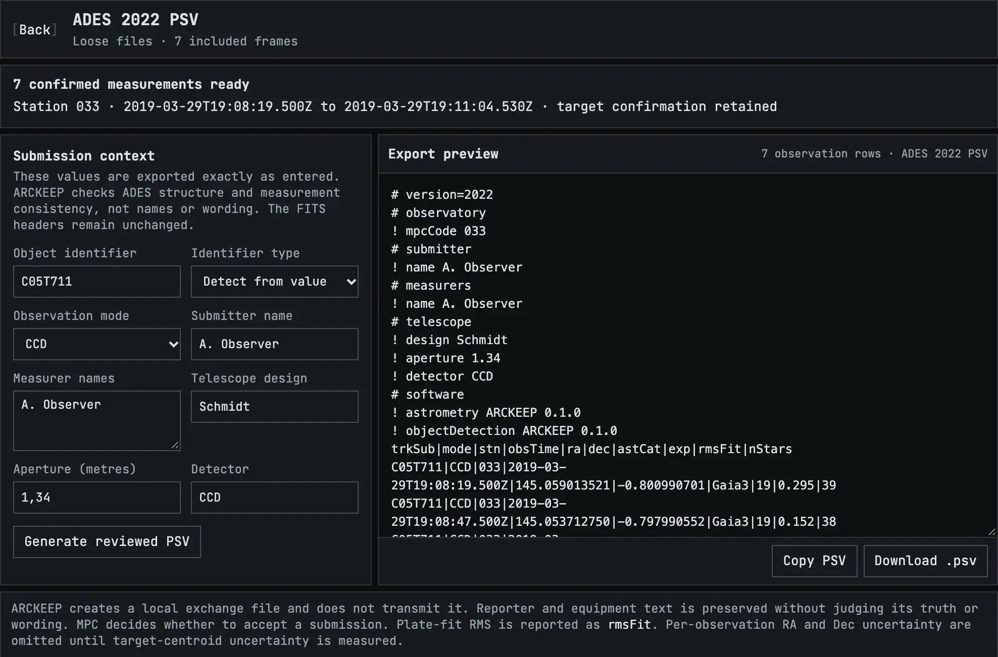 The generated ADES PSV file with header blocks for observatory, submitter, measurers, telescope and software, and one row per frame.