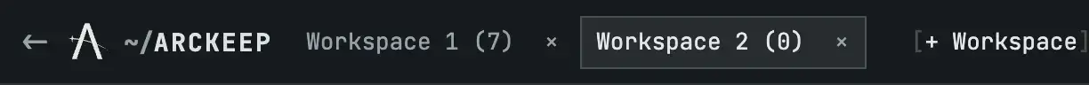 The toolbar with two workspace tabs, Workspace 1 with 7 files and an empty Workspace 2, each with a close button.