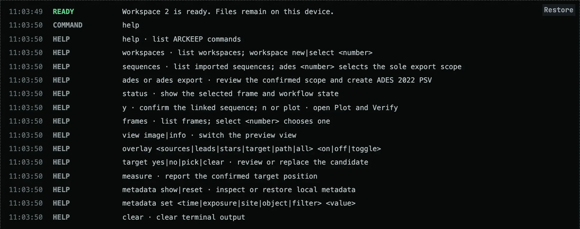 The terminal opened full size, listing the ARCKEEP commands after typing help.